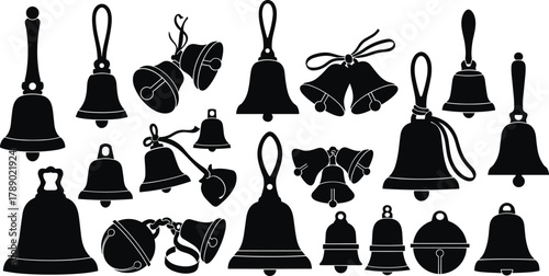 Assortment of festive, musical, and decorative bell silhouettes isolated on white background, Vector, illustration