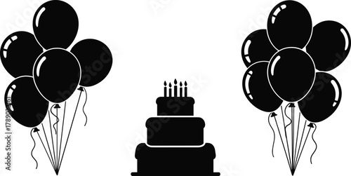 Birthday party celebration cake with candles and many balloons isolated on white background, Vector, illustration