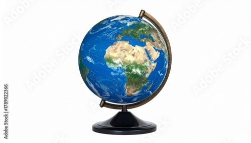 Physical globe showing Africa, Europe, and parts of Asia—mounted on metallic axis with blue oceans and shaded terrain, ideal for educational visuals.