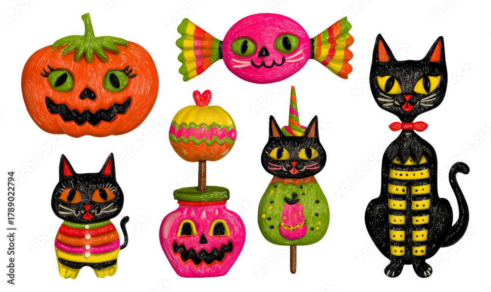 Fototapeta premium Colorful Halloween Illustrations of Cats, Pumpkin, Candies, and Decorations Elements