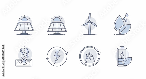 Set of Icons Representing Renewable Energy Sources and Concepts.