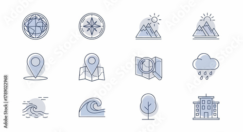 Collection of Geography and Weather Icons in Line Art Style.