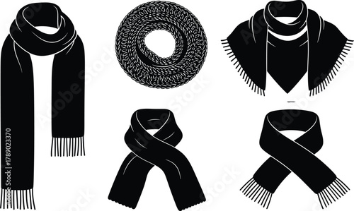 Black scarf styles, fashion accessories, clothing and comfort isolated on white background, Vector, illustration