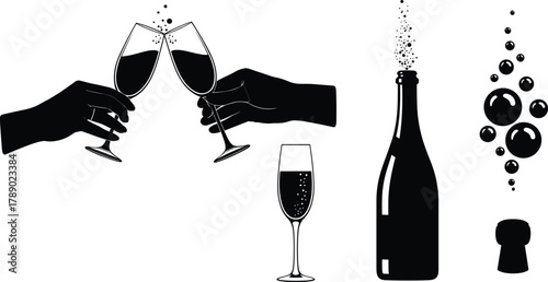 Celebration champagne toast and bottle vector elements art design isolated on white background, Vector, illustration