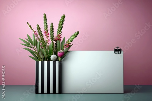 A contemporary still life featuring a bouquet of green foliage and pink flowers in a black and white striped vase, next to a blank white sign held by a binder c