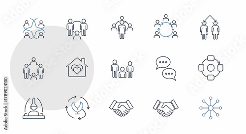 Collection of Thin Line Icons Representing Teamwork and Collaboration.