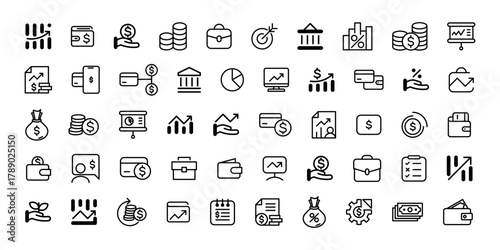 Business and Finance web icons in line style. Money, bank, contact, office, payment, strategy, accounting, infographic. Icon collection. Vector