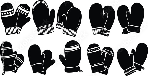Collection of diverse black silhouette mittens for winter comfort. isolated on white background, Vector, illustration.