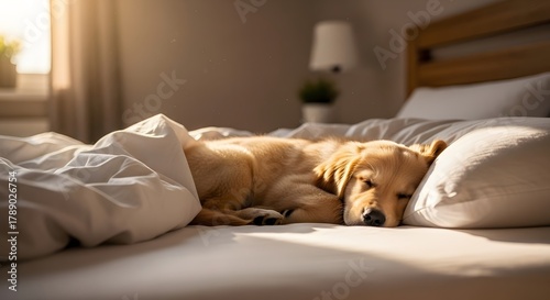Cozy Canine Nap: A golden retriever finds comfort in a sunlit bedroom, nestled beneath soft sheets, capturing a serene moment of relaxation.