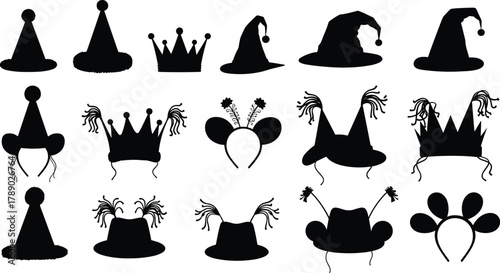 Collection of festive party hats, crowns, and headwear silhouettes isolated on white background, Vector, illustration