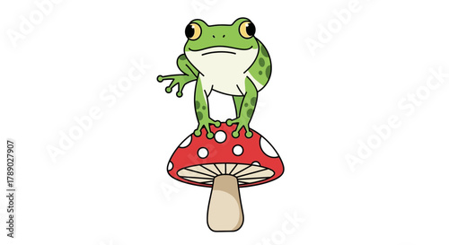 Cute green cartoon frog standing on a red toadstool mushroom.