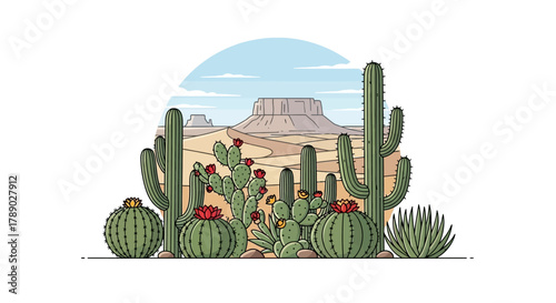 Vibrant Desert Flora - A Colorful Cactus Garden Illustration.