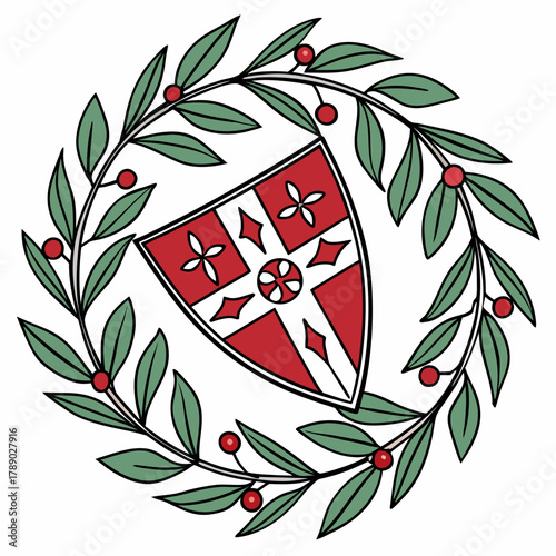 Schilderij op canvas Red Shield with Floral Design within Laurel Wreath Keywords: shield, heraldry, f