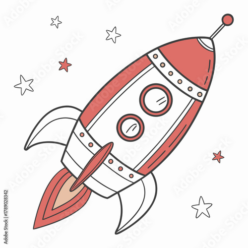 Cartoon rocket ship with flames and stars in space illustration spaceship galaxy