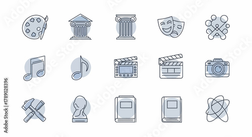 Collection of diverse icons representing various fields of knowledge and creativity.