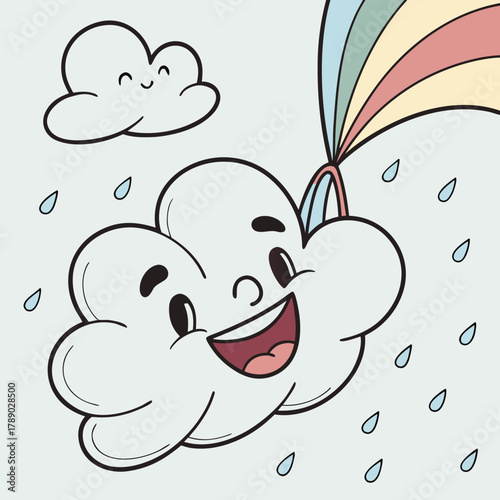 Cartoon clouds with faces, one raining and one with a rainbow weather