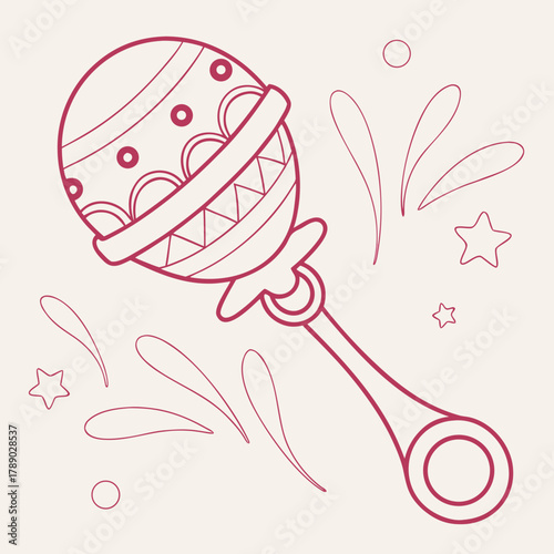 Red outline drawing of a baby rattle with stars and swirls infant child