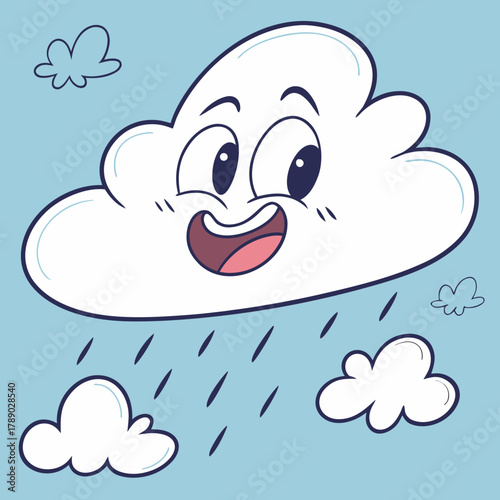 Happy Cartoon Cloud Raining Drops on a Blue Sky Background smiling face