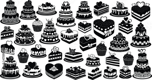 Decorative silhouettes of various cakes, cupcakes, and slices isolated on white background, Vector, illustration