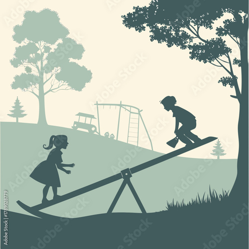 Children playing on a seesaw in a park with playground equipment vector illustration