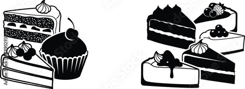 Delicious sweet dessert cake slices and cupcake vector graphic isolated on white background, Vector, illustration