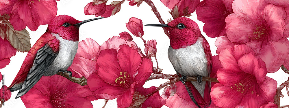 Fototapeta premium Seamless pattern with floral romantic elements, hand drawn colibri for your design. Endless texture, sketch humming-birds, watercolor flowers, isolated on white background. Vector illustration.