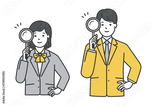 虫眼鏡を持つ制服姿の学生のイラスト素材