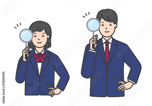 虫眼鏡を持つ制服姿の学生のイラスト素材