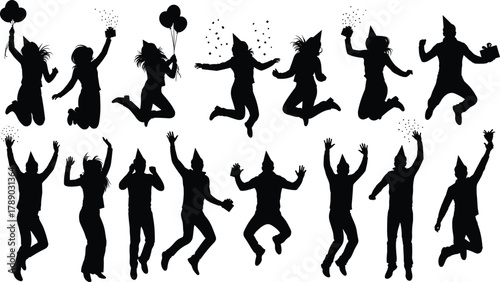  Excited people jumping and celebrating, party joy silhouette set. isolated on white background, Vector, illustration.