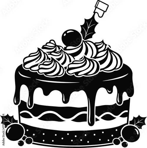 Festive christmas cake illustration with cream and holly berries isolated on white background, Vector, illustration