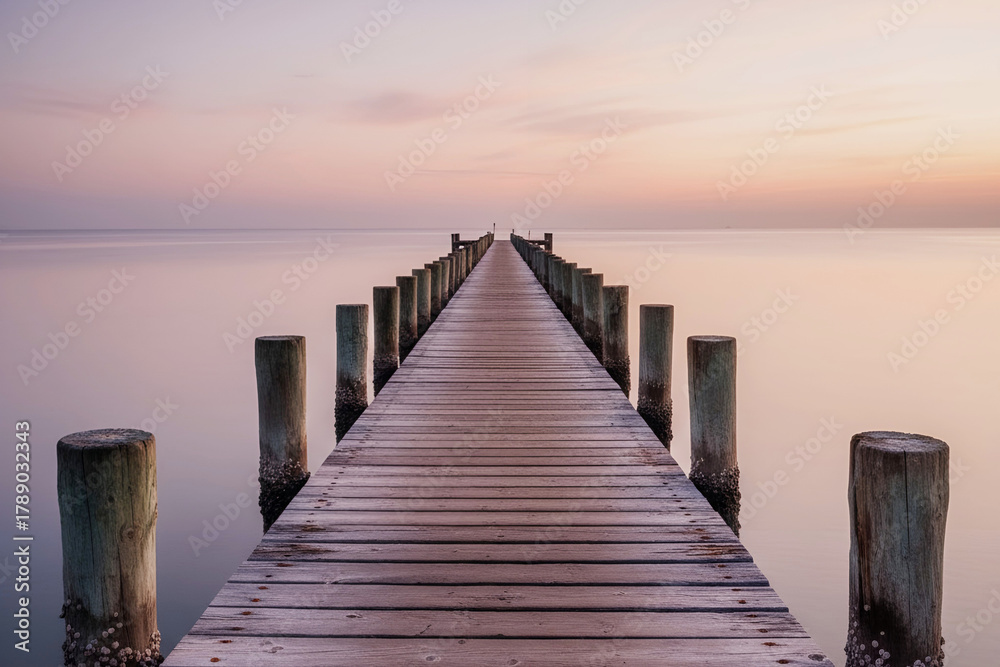 Obraz premium Wooden pier stretching into calm water at pastel sunrise, tranquil seascape background perfect for wellness brands, travel ads, and websites.