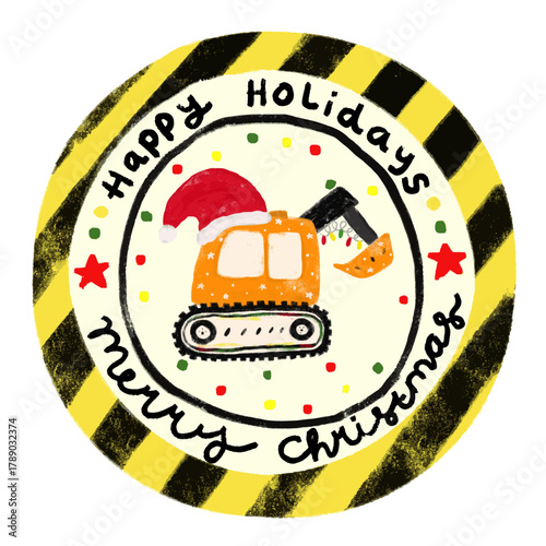 cute rounded christmas xmas yellow striped sticker stamp package gift label tag with excavator under construction vehicle transportation in kids doodle hand drawn watercolor crayon illustration