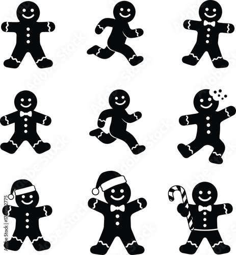 Gingerbread men icons set with various festive holiday designs isolated on white background, Vector, illustration