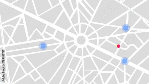 Animated abstract city map with pulsing blue circles indicating moving cars and a small red pinpoint marking destination, representing ridesharing, navigation, and urban transportation technology