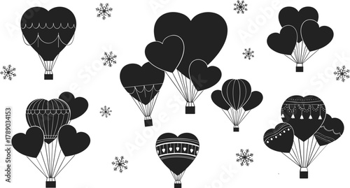 Heart hot air balloons and snowflakes pattern for winter romance isolated on white background, Vector, illustration