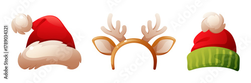Three festive hats including a classic red Santa Claus hat, a reindeer antler headband, and a green striped winter hat with a pom-pom.