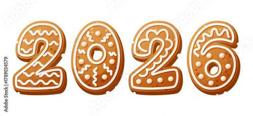 Gingerbread cookies shaped as the numbers 2026. The cookies are decorated with white icing and intricate designs. They have a golden-brown color and a festive appearance.