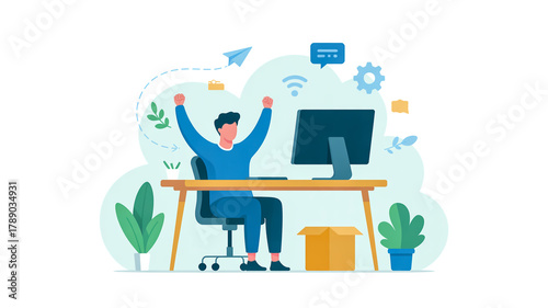 Man celebrating success at computer desk with plants and open box celebration