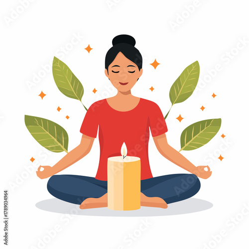 A woman in a red shirt meditates in a lotus position with a candle in front of her.