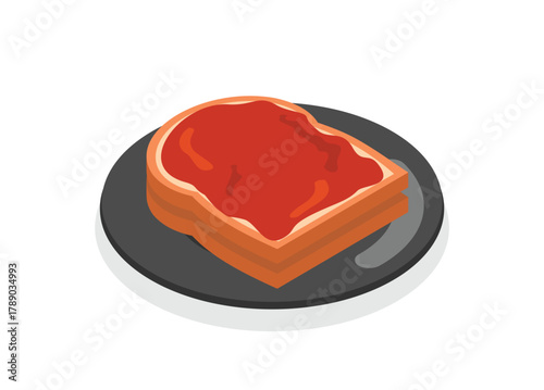 Bread toast with strawberry jam on a lid. Simple flat illustration in isometric view.