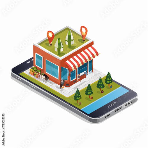 Isometric illustration of a small shop with a green roof and awning displayed on a smartphone screen, representing mobile commerce and online shopping.