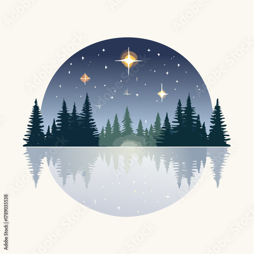 A serene night landscape featuring a silhouette of pine trees reflected in calm water under a starry sky with a bright star.