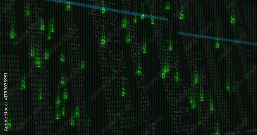 Naklejka premium Cascading vertical green binary digits streaming down terminal with grey code columns and cyan line