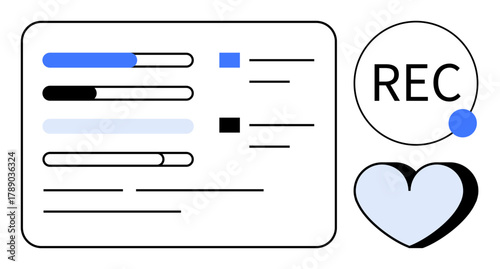 Progress bars and recording circle with REC text and a dot, accompanied by a blue and black heart icon. Ideal for tracking, streaming, media, love, analytics, creativity, simple flat metaphor