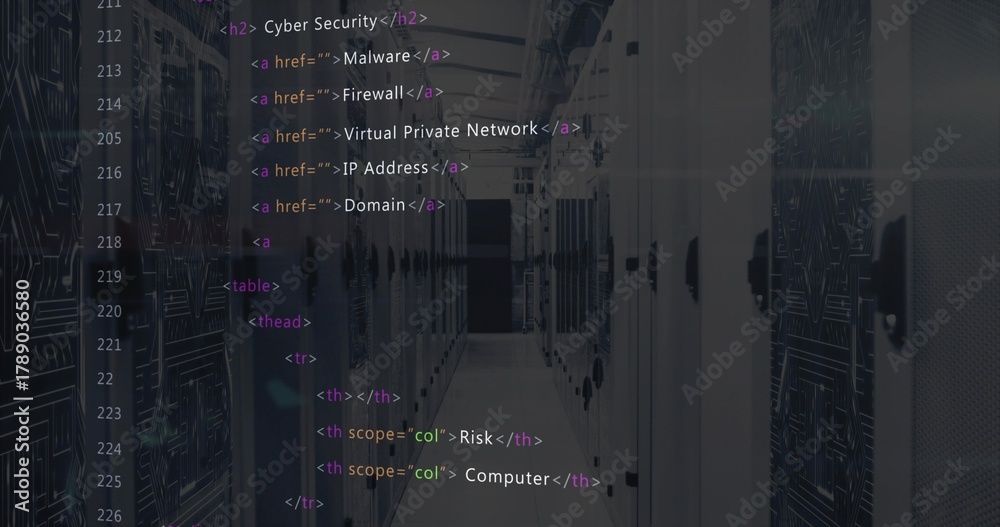 Fototapeta premium Displaying central aisle showing server racks, cables, LEDs, raised floor, code overlay, dark door