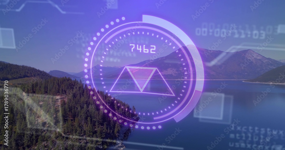 Naklejka premium Floating translucent purple circular HUD overlay displaying dotted ring prism 7462 over alpine lake