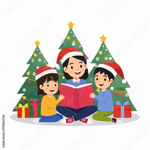 A mother reads a Christmas story to her two children, who are wearing Santa hats, in front of decorated Christmas trees and presents.