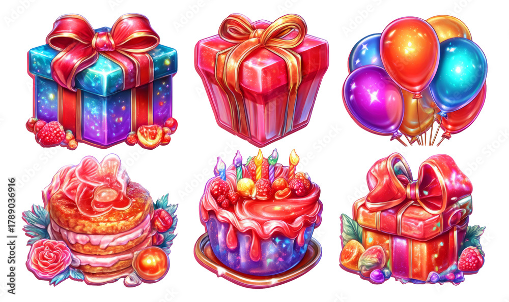 Fototapeta premium Colorful Celebration Illustrations of Gifts, Cake, and Balloons on Transparent Background