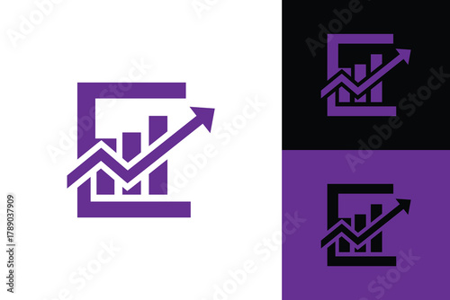 this image depicts a flat logo of an initial E in purple color with graph bar and an arrow moving upward 