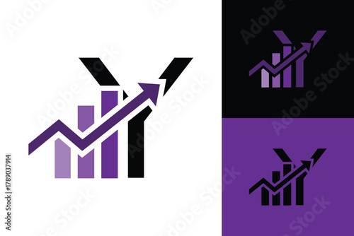this image depicts a flat logo of an initial Y in purple color with graph bar and an arrow moving upward 